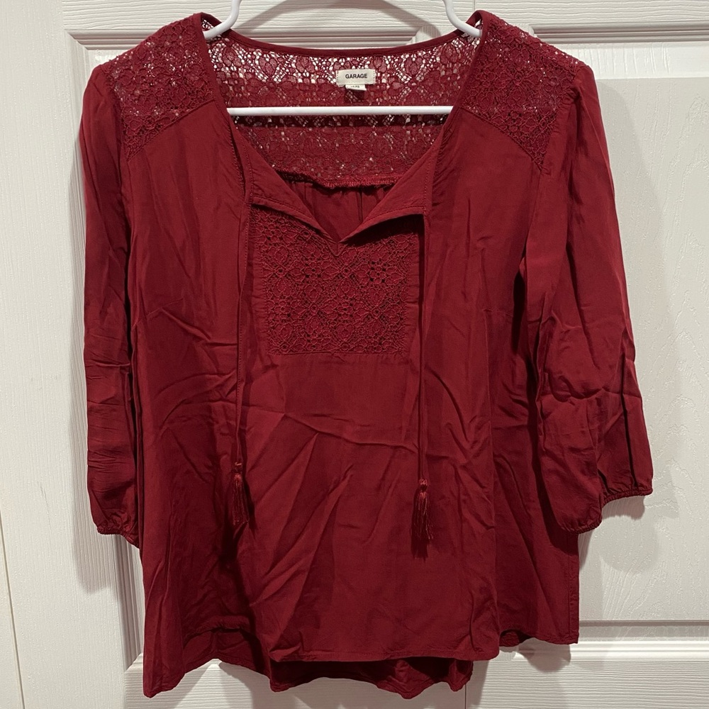 GARAGE Women’s Long Sleeve Boho Blouse Top Shirt - burgundy, size XS